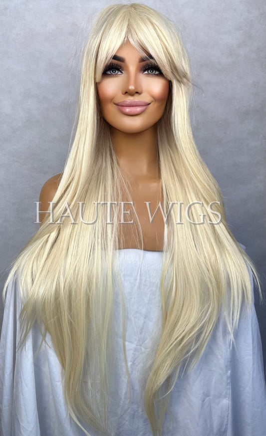 Sex Siren Blonde Wig Sexy Role Play Womens Long Layered Hair 613 Fringe Bangs Realistic Human Hair Blends Straight Ladies Wigs Gift
