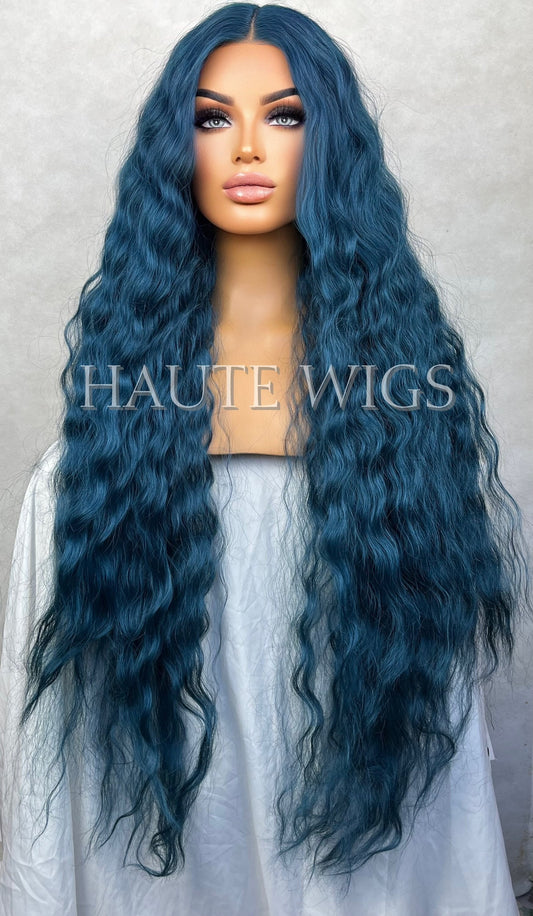 Poison Extra Long 42 Inches Lace Front Human Hair Womens Wig Ladies Wavy Curly Deep Night Sea Blue Luxury Hairs Center Parting Full Density
