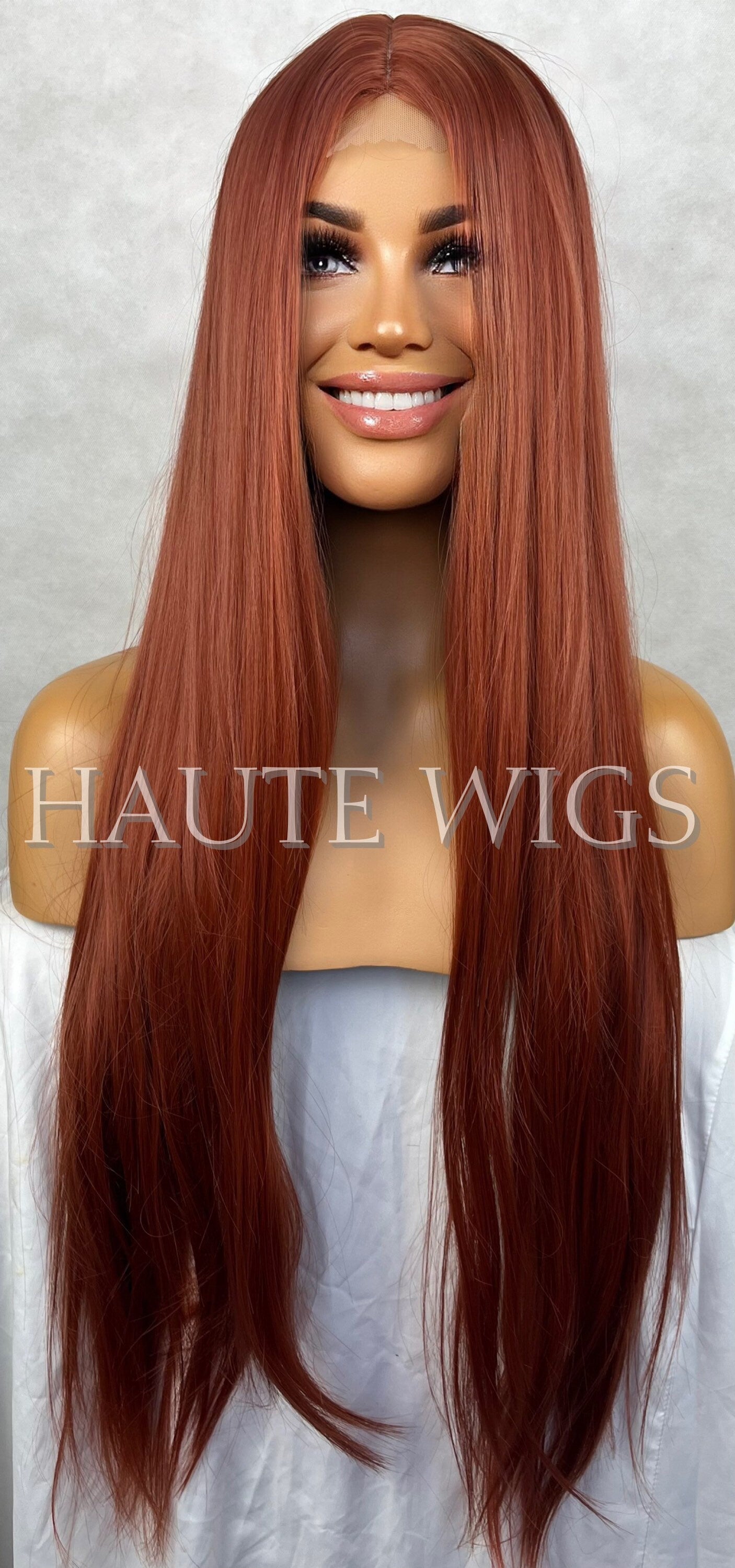 AUBURN XXX Long Small Lace closure Front Synthetic Womens Wig Ladies Deep Copper Ginger Brown Luxury 180 density Center Parting Straight