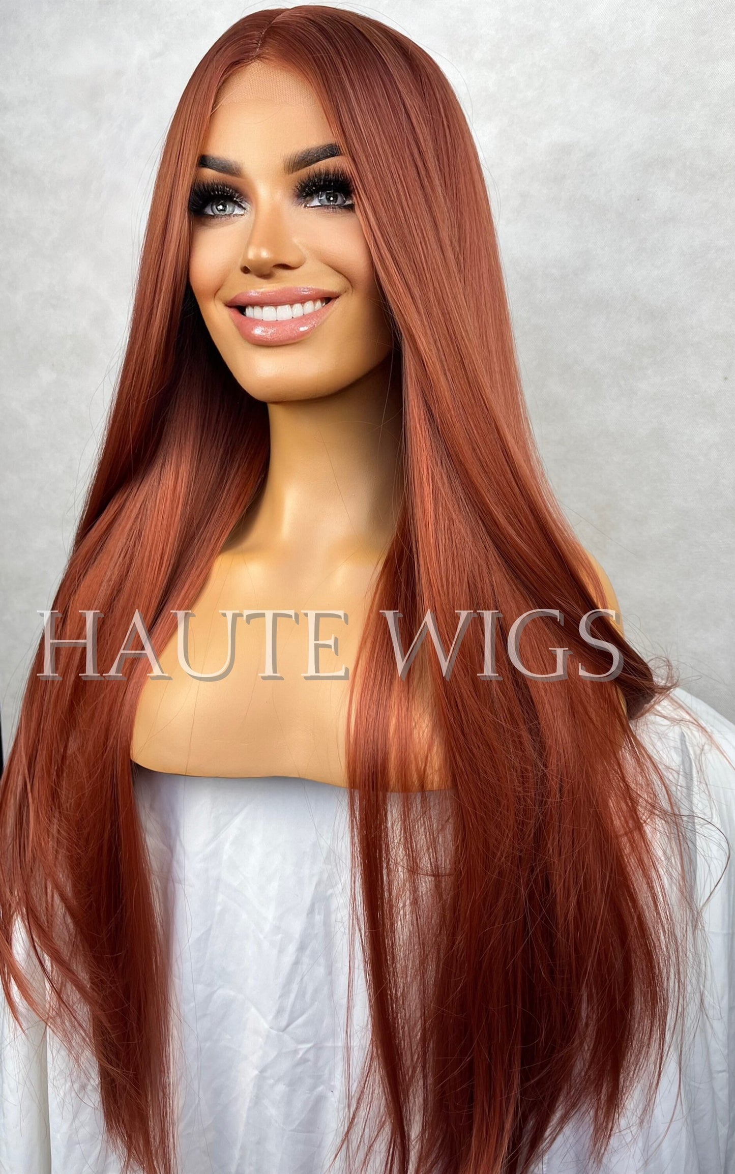 AUBURN XXX Long Small Lace closure Front Synthetic Womens Wig Ladies Deep Copper Ginger Brown Luxury 180 density Center Parting Straight