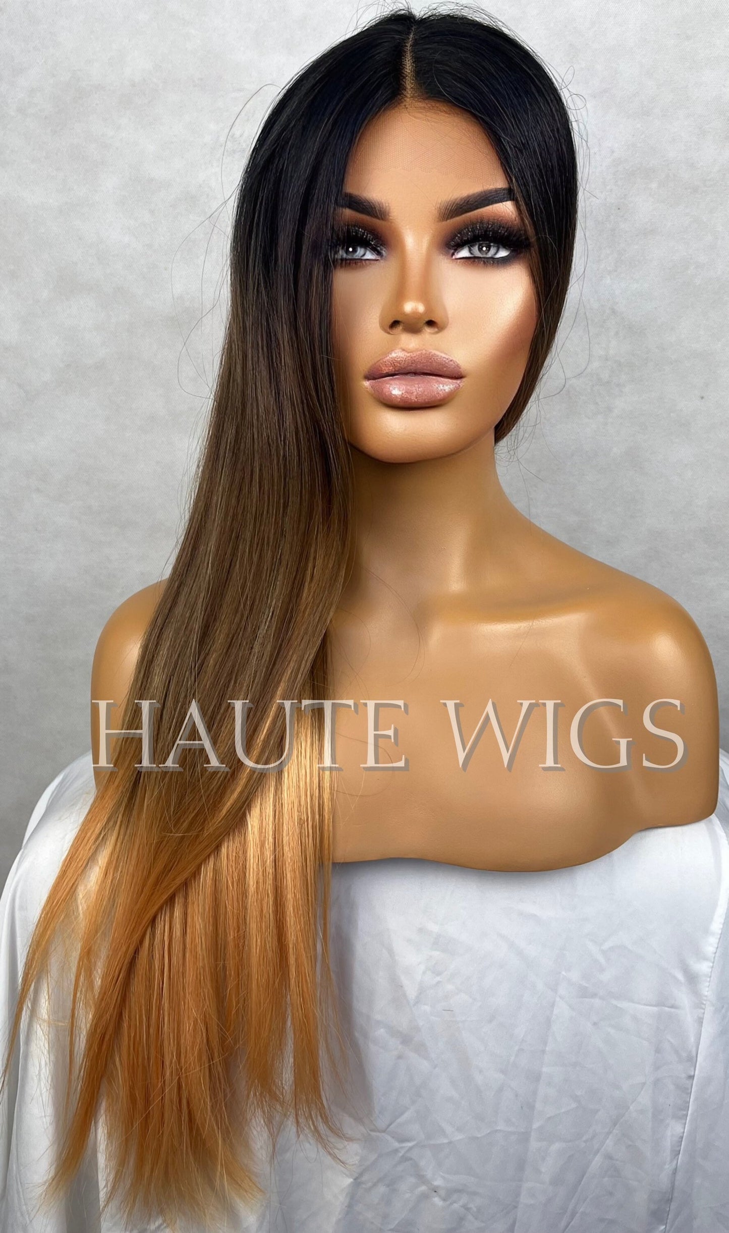 26 Inch BROWN Brunette Ombre Golden Blonde Peach Ends Sunset Wig Long Straight Womens Wig Human Hair Blends Lace Front Realistic