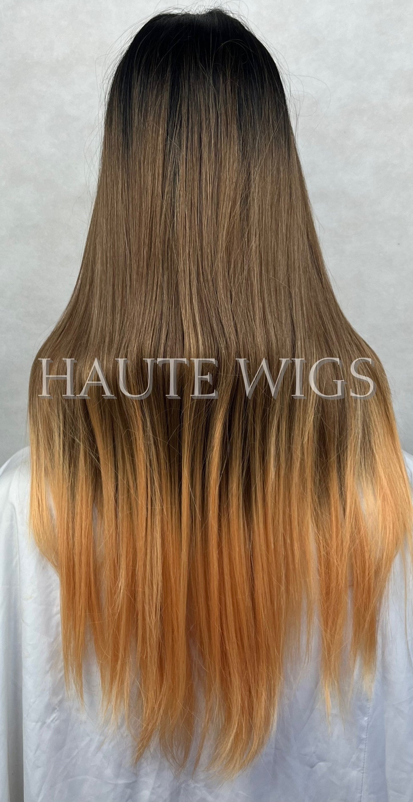 26 Inch BROWN Brunette Ombre Golden Blonde Peach Ends Sunset Wig Long Straight Womens Wig Human Hair Blends Lace Front Realistic