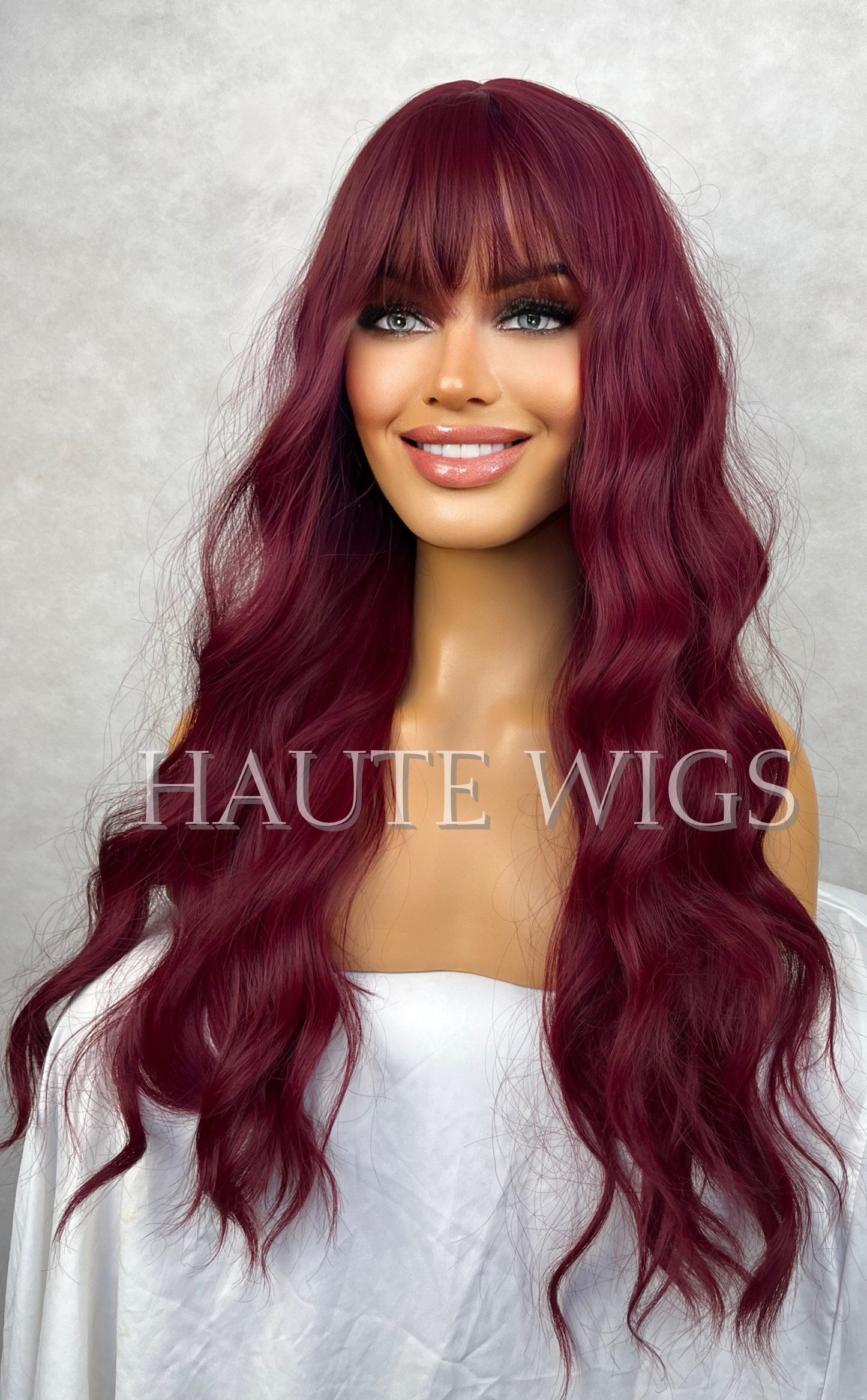 Dark Cherry 18 Inch Deep Red Wig Long Wavy w Bangs and Fringe Womens Wig Fully Synthetic No Lace Front Soft Hair Realistic