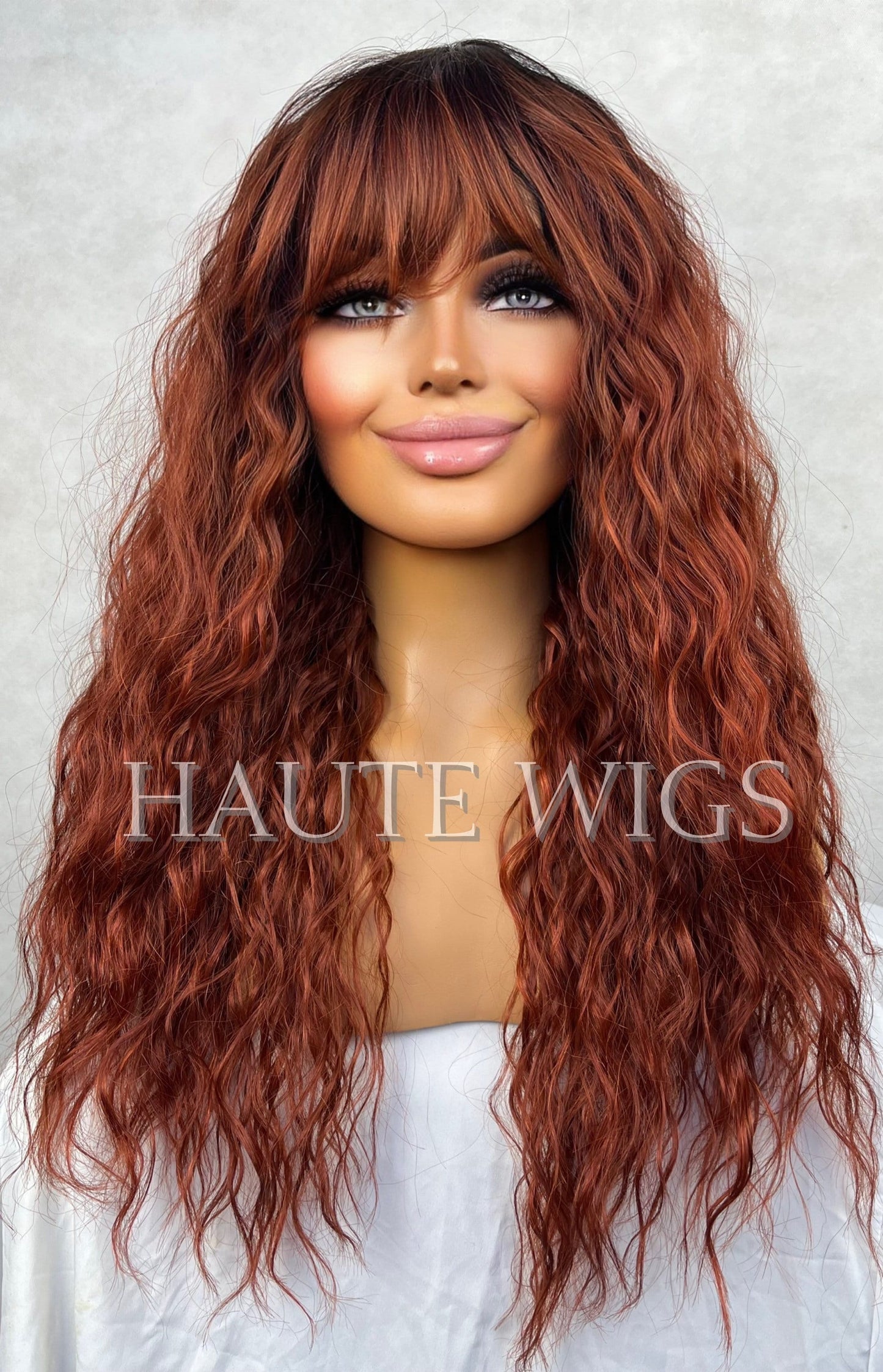 Dainty ombré Auburn Ginger Copper Wig 19 Inch Womens Everyday Wig Human Hair Blends Fringe Bangs Wavy Curly Wavy Orange dark roots