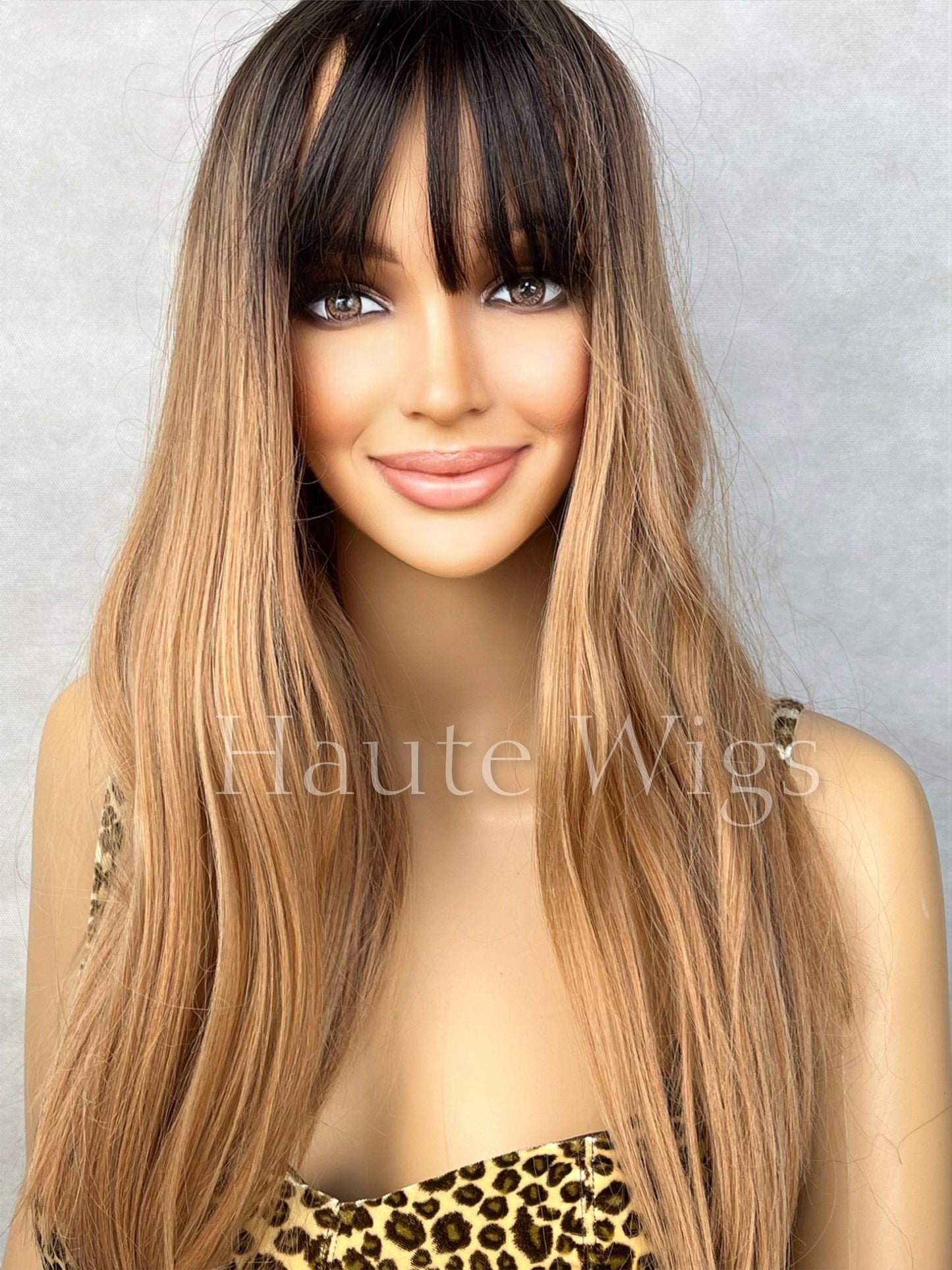 Dark Roots Brunette Brown Ombre 20 Inch Women Long Wig 100% Synthetic Hair Fringe Bangs Straight Wavy Heat Resistant Highlights Balayage