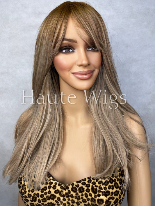 Golden Roots Light Brown Blonde Ombre 20 Inch Women Long Wig 100% Synthetic Hair Fringe Bangs Straight Wavy Heat Resistant Highlights