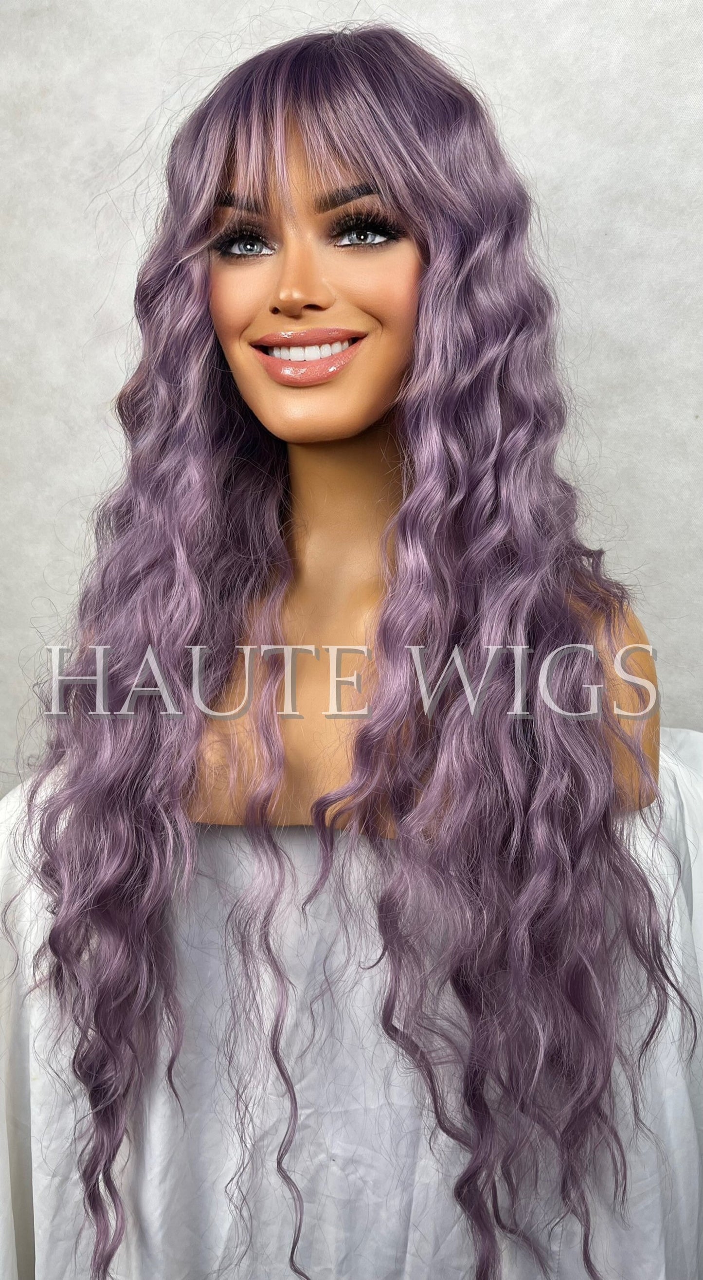 Unicorn Hair Lilac Light Purple Violet Wig Long Wavy Layered With Bangs Fringe Haute Wigs Ladies Womens Wigs Gift For Her Human Hair Blends