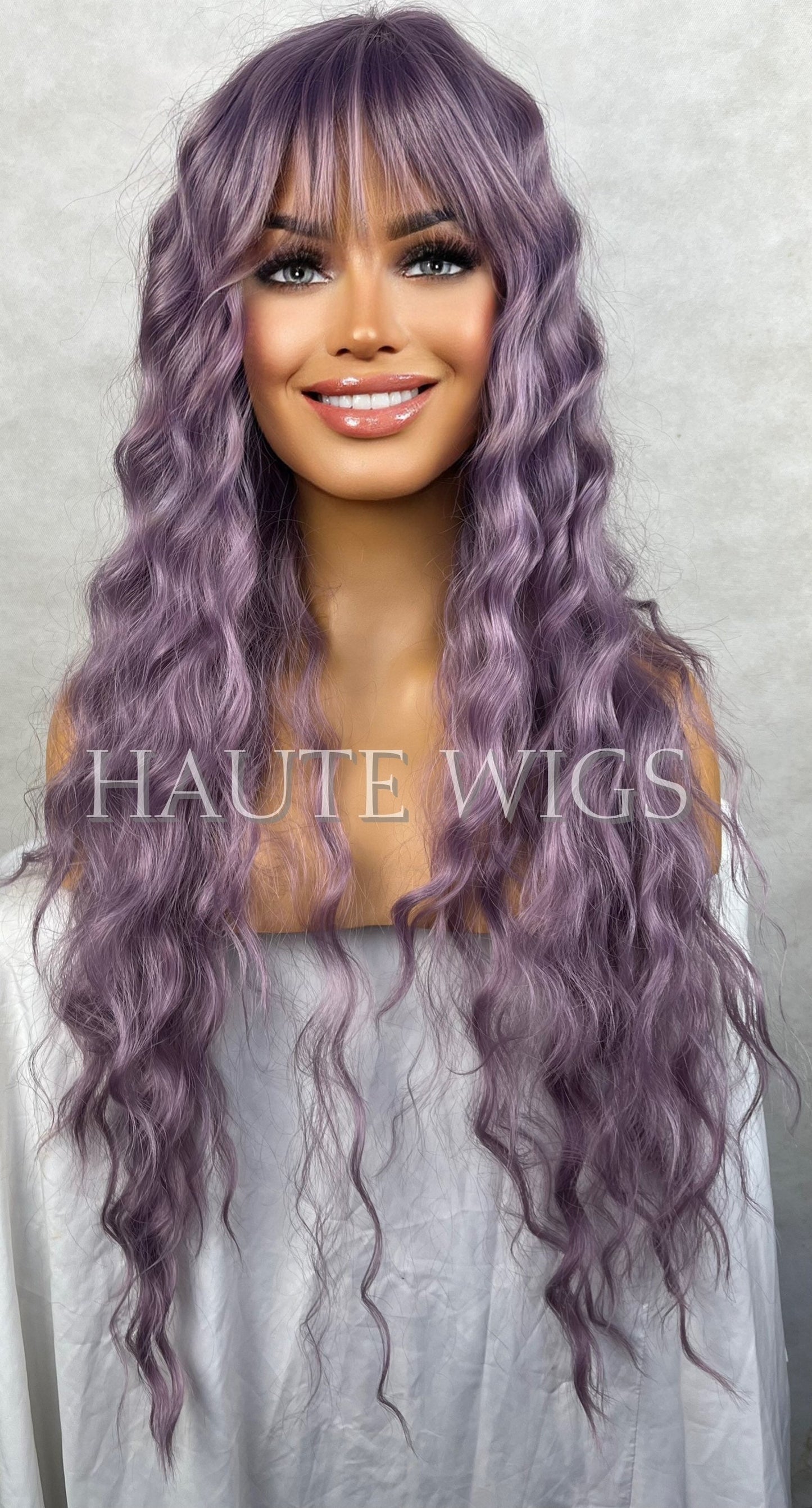 Unicorn Hair Lilac Light Purple Violet Wig Long Wavy Layered With Bangs Fringe Haute Wigs Ladies Womens Wigs Gift For Her Human Hair Blends