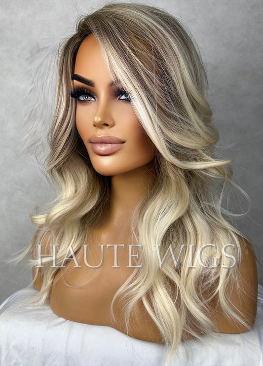Ash Blonde Brown Balayage Highlights streaks 16 Inch Bob Wig Wavy Side Parting NO Lace Front Womens Wig Short gift for her