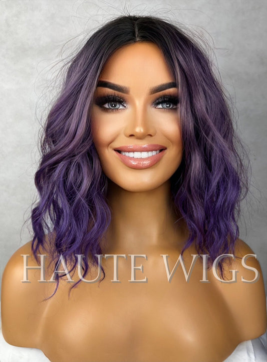 Ombre Lilac Electric Purple Violet Wig Short Pixie BOB Wavy NO Lace Front Wigs Gift For Her Dark Roots Ladies Womens Role play