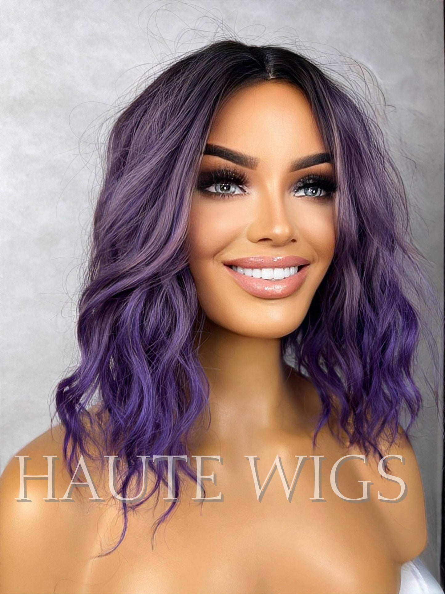 Ombre Lilac Electric Purple Violet Wig Short Pixie BOB Wavy NO Lace Front Wigs Gift For Her Dark Roots Ladies Womens Role play