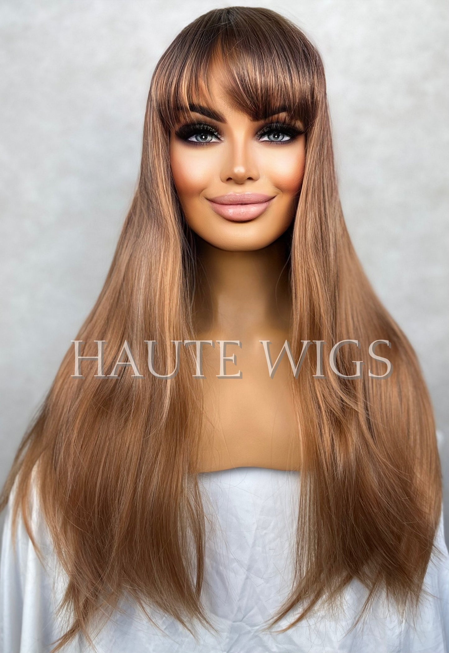 COPPER FEEL - AUBURN Ginger Rose Gold Straight Long Wig Womens Synthetic Hair 26 Inches Fringe Bangs Ladies Wigs Role Play Sexy Gift For Her