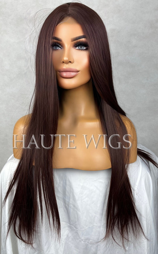28 Inches Long Layered Red Toned Deep Chocolate Brown Brunette Wig Lace Front Hair Gift For Her Feels Like Human Hair