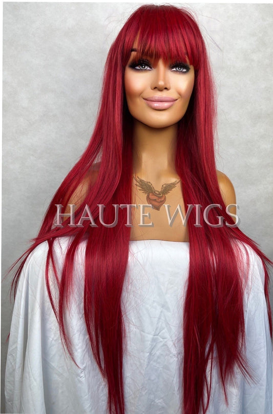Erotic Red Wig Synthetic Human Hair Blends Womens Wigs Ladies Straight  With Bangs Fringe Low Density Realistic Hair