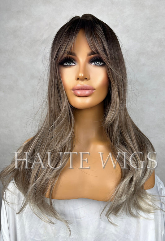 Layered Beautiful 16 Inch Ash Blonde Cool Toned Dirty Ombre Brown Wig With Fringe Bangs Center Parting Short BOB Wavy Synthetic Hair Wigs