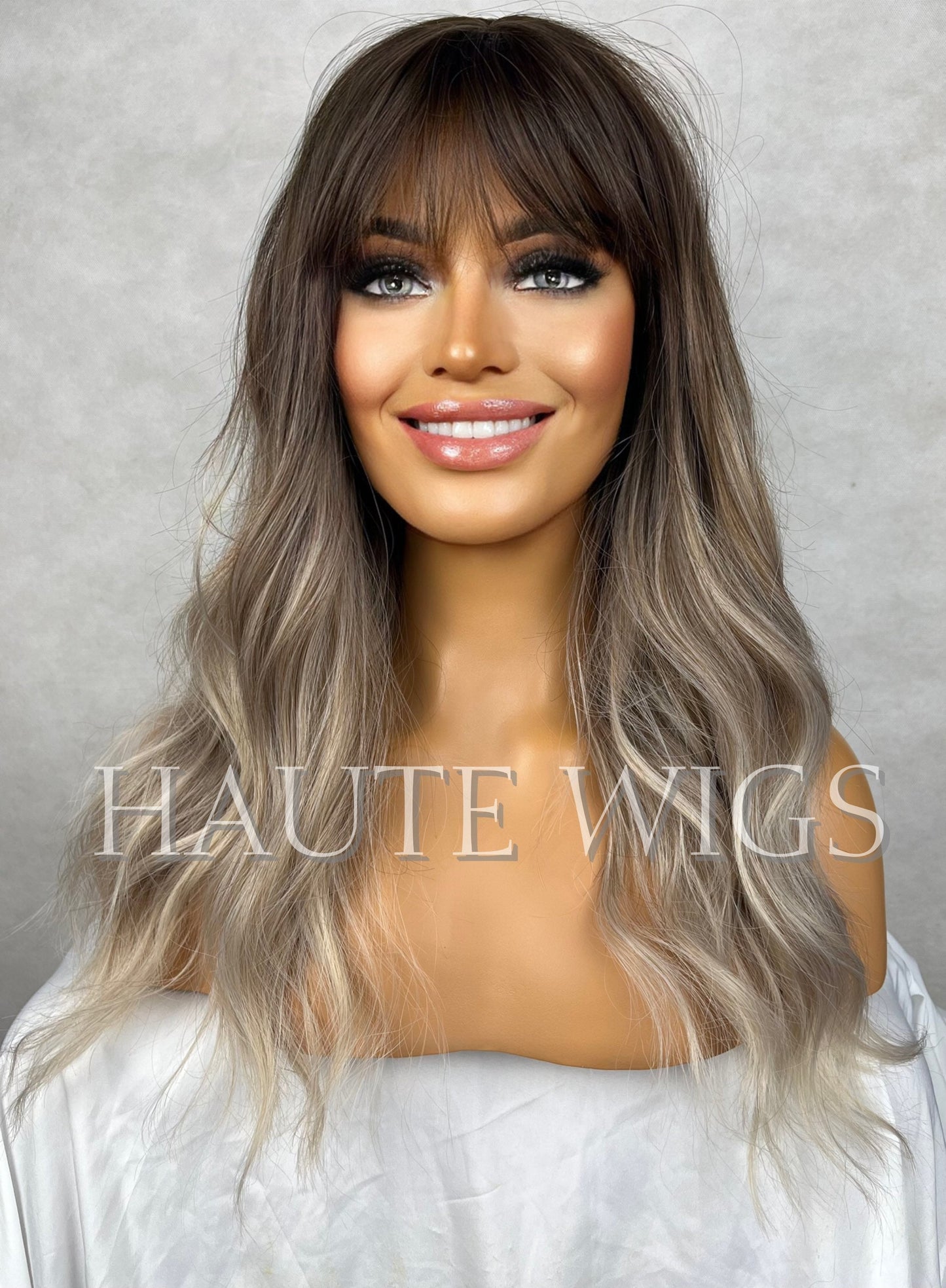 Wavy Beautiful 16 Inch Ash Blonde Cool Toned Dirty Ombre Brown Wig With Fringe Bangs Center Parting Short BOB Curly Synthetic Hair Wigs Gift