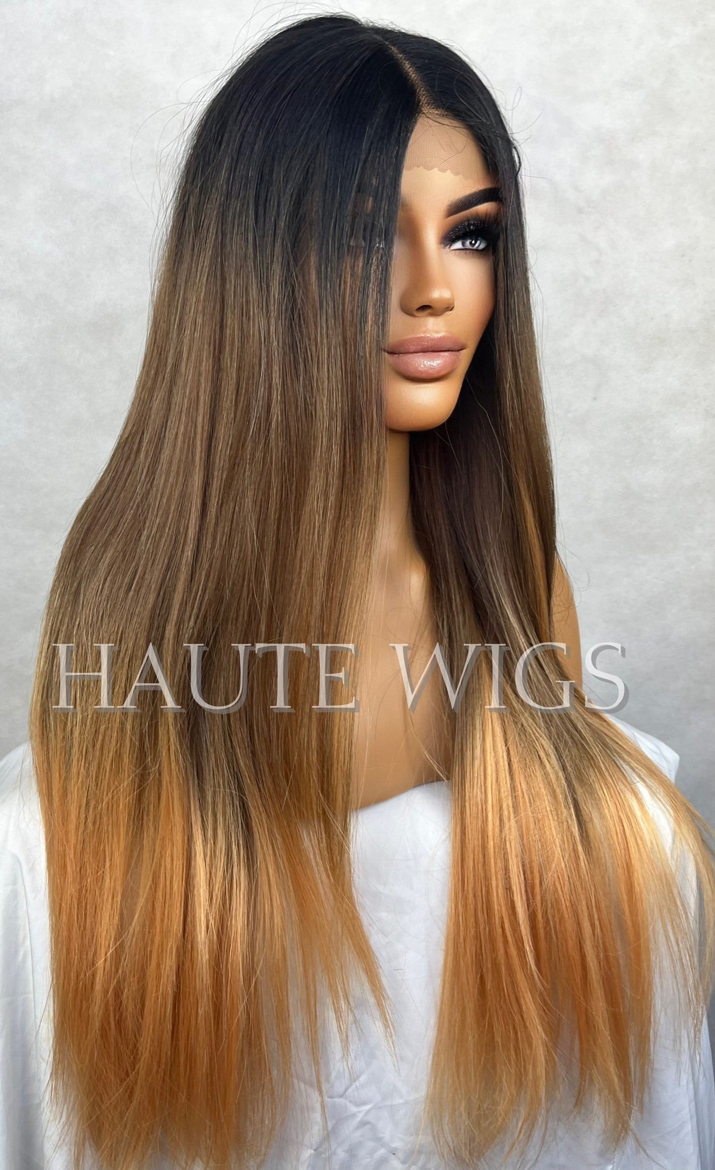 26 Inch BROWN Brunette Ombre Golden Blonde Peach Ends Sunset Wig Long Straight Womens Wig Human Hair Blends Lace Front Realistic