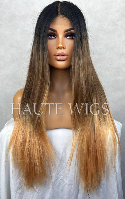 26 Inch BROWN Brunette Ombre Golden Blonde Peach Ends Sunset Wig Long Straight Womens Wig Human Hair Blends Lace Front Realistic