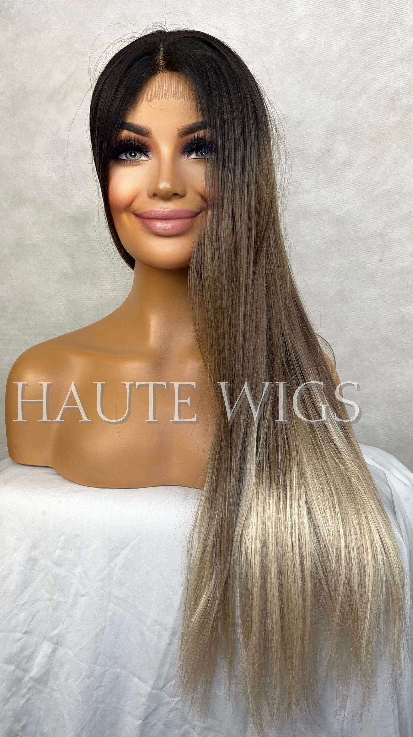 26 Inch BROWN Brunette Ombre Ash Platinum Blonde Ends Wig Long Straight Womens Wig Human Hair Blends Lace Front Realistic