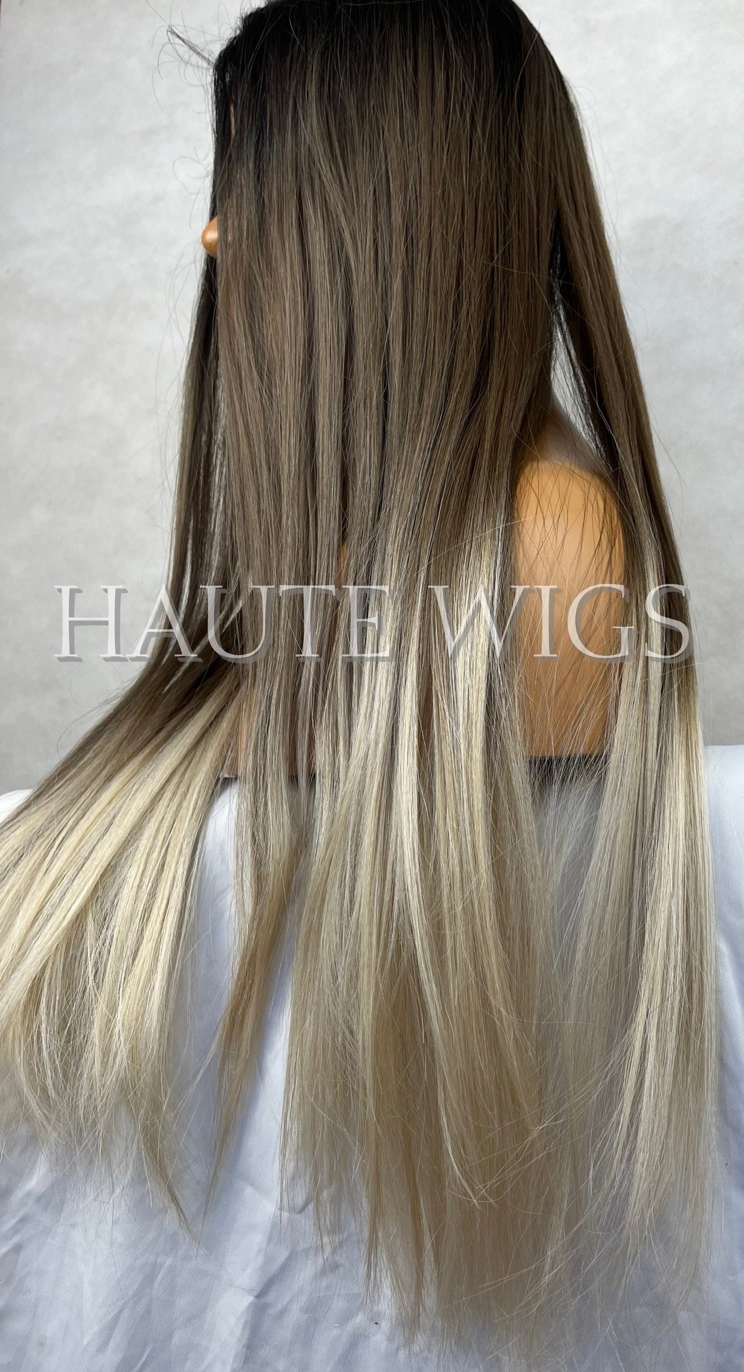 26 Inch BROWN Brunette Ombre Ash Platinum Blonde Ends Wig Long Straight Womens Wig Human Hair Blends Lace Front Realistic