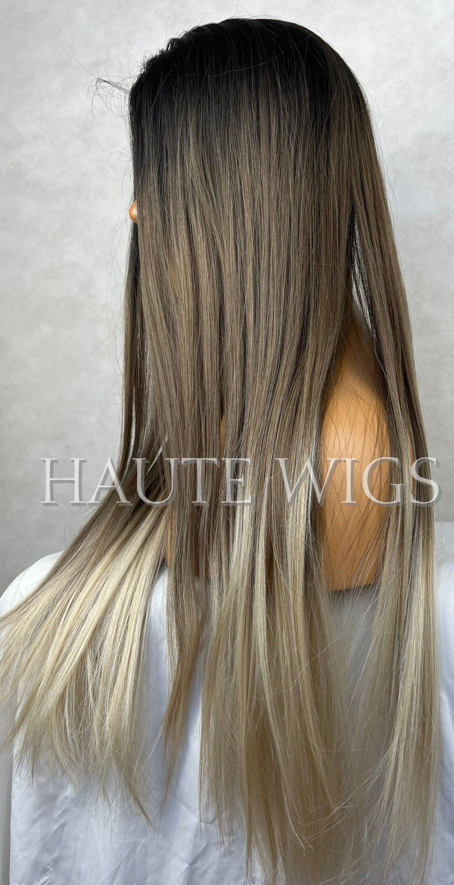 26 Inch BROWN Brunette Ombre Ash Platinum Blonde Ends Wig Long Straight Womens Wig Human Hair Blends Lace Front Realistic