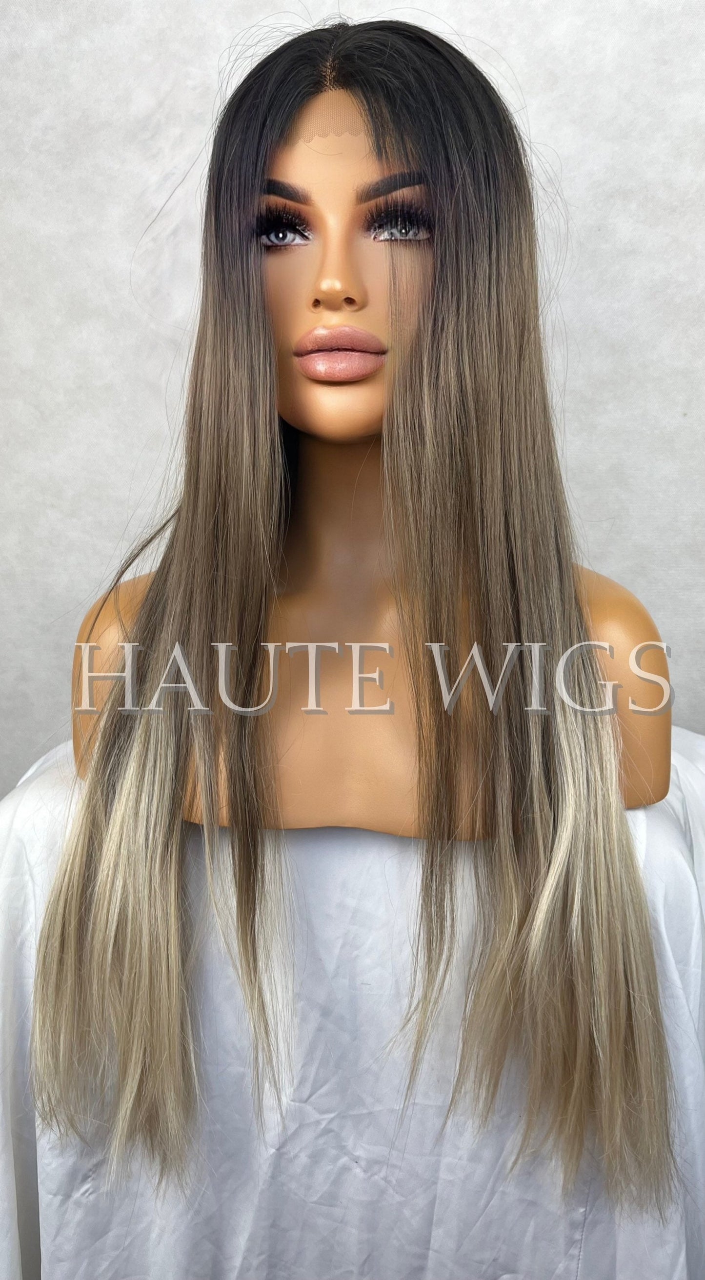 26 Inch BROWN Brunette Ombre Ash Platinum Blonde Ends Wig Long Straight Womens Wig Human Hair Blends Lace Front Realistic