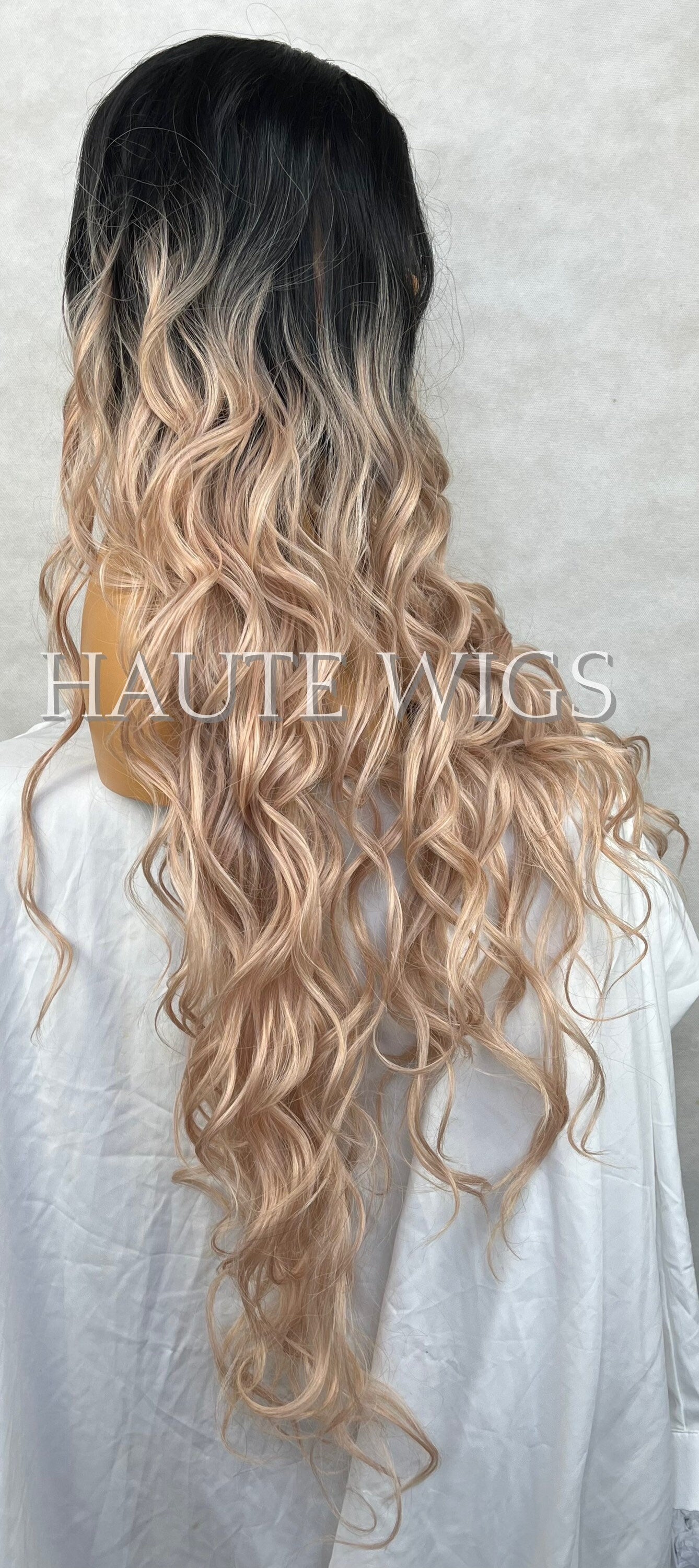 Rose Gold Light Pink Blonde Ombre Long 42 Inches Lace Front Human Hair Womens Wig Ladies Wavy Curly Luxury Baby Hairs Center Parting