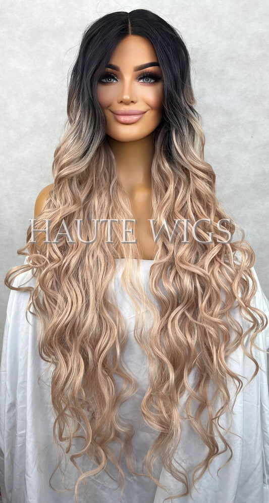 Rose Gold Light Pink Blonde Ombre Long 42 Inches Lace Front Human Hair Womens Wig Ladies Wavy Curly Luxury Baby Hairs Center Parting