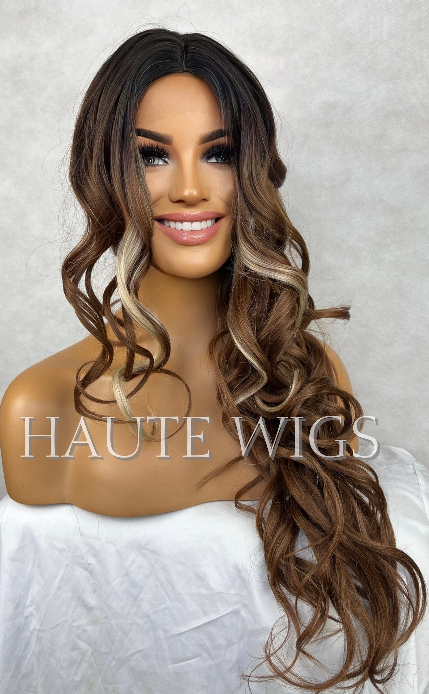 Money Piece 24 Inch Long Wig Brown Brunette Ombre Blonde Highlights Streaks Balayage Straight Lace Front Wavy Human Hair Blends Wigs