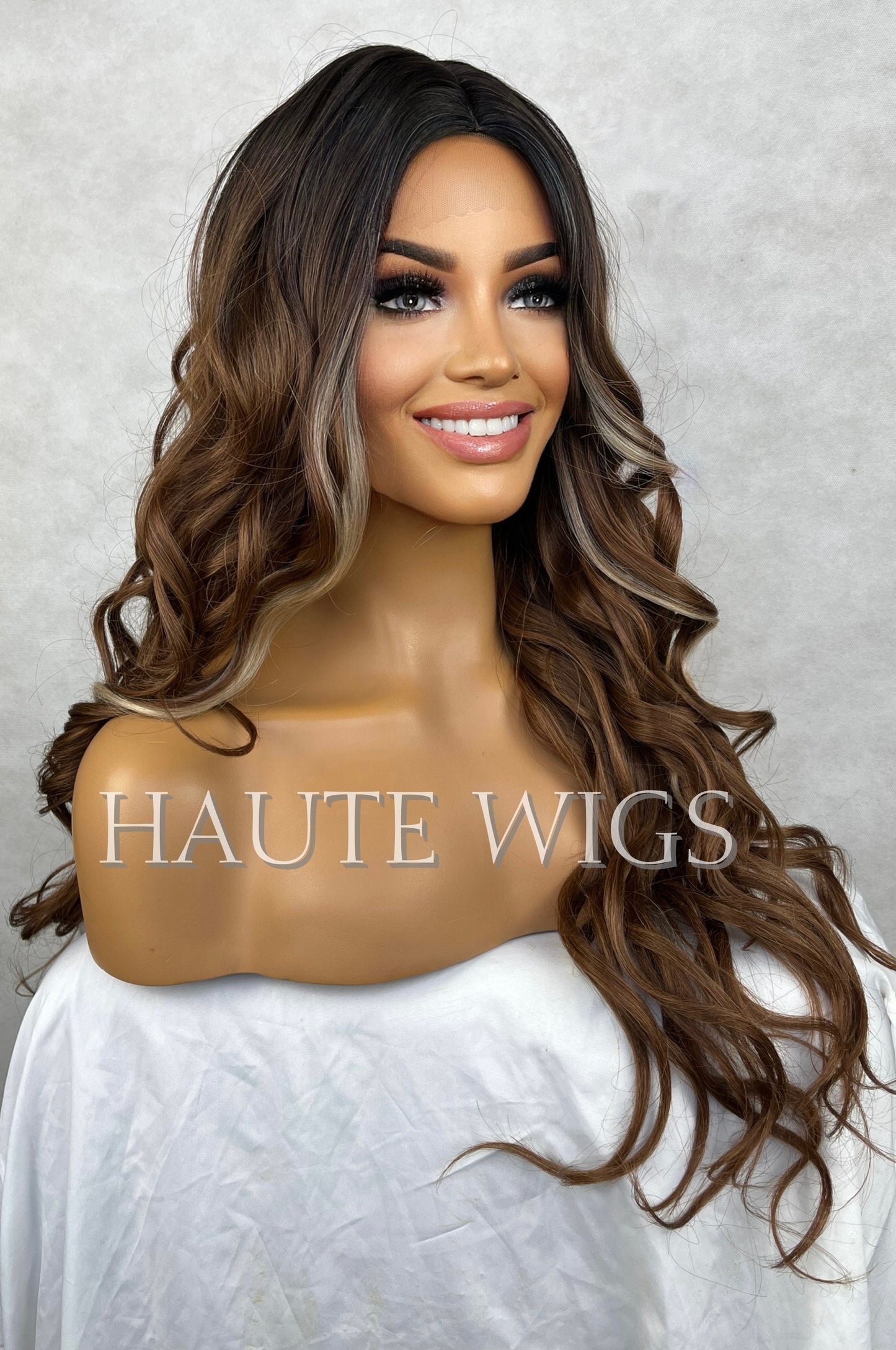 Money Piece 24 Inch Long Wig Brown Brunette Ombre Blonde Highlights Streaks Balayage Straight Lace Front Wavy Human Hair Blends Wigs