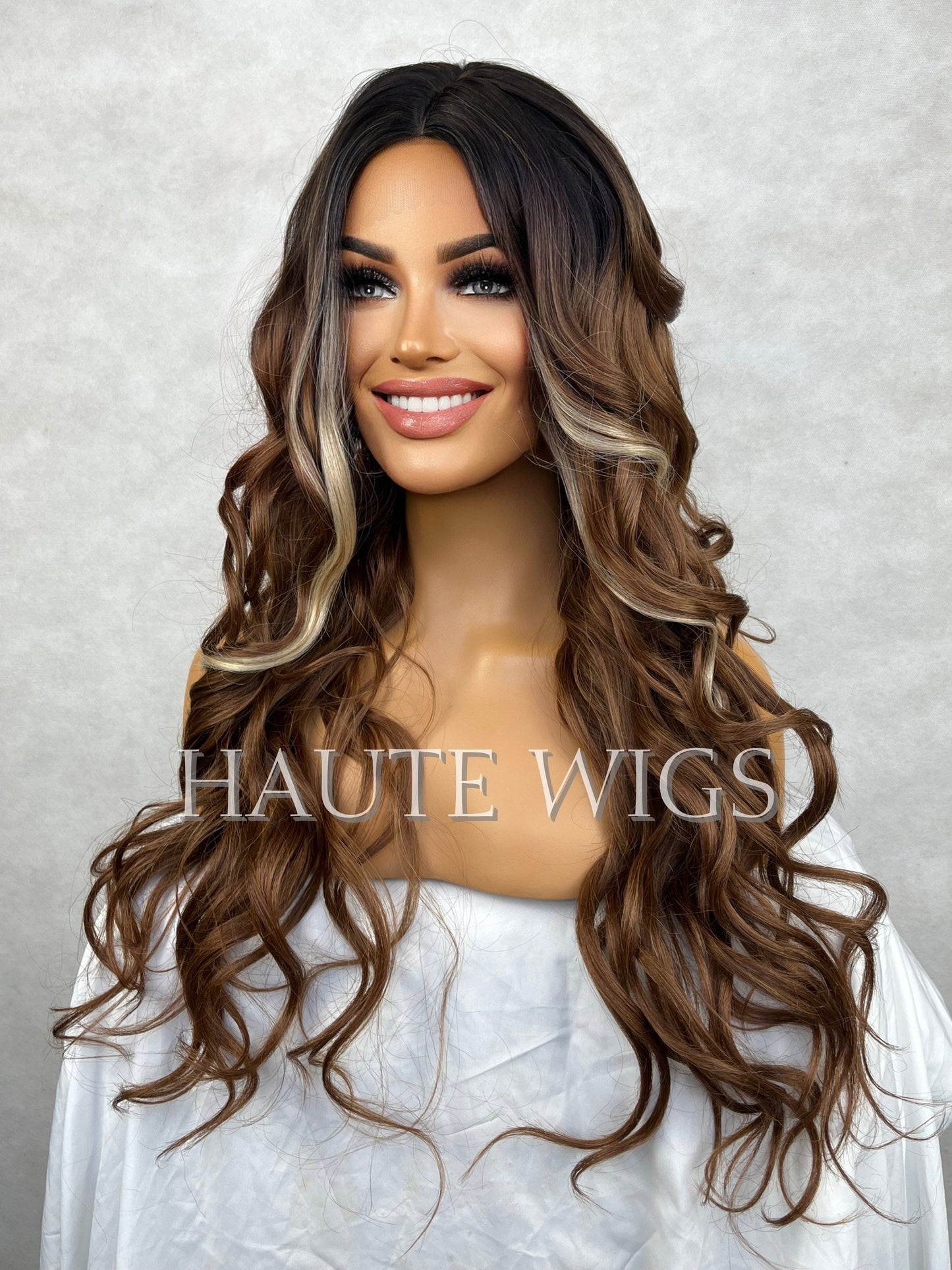 Money Piece 24 Inch Long Wig Brown Brunette Ombre Blonde Highlights Streaks Balayage Straight Lace Front Wavy Human Hair Blends Wigs