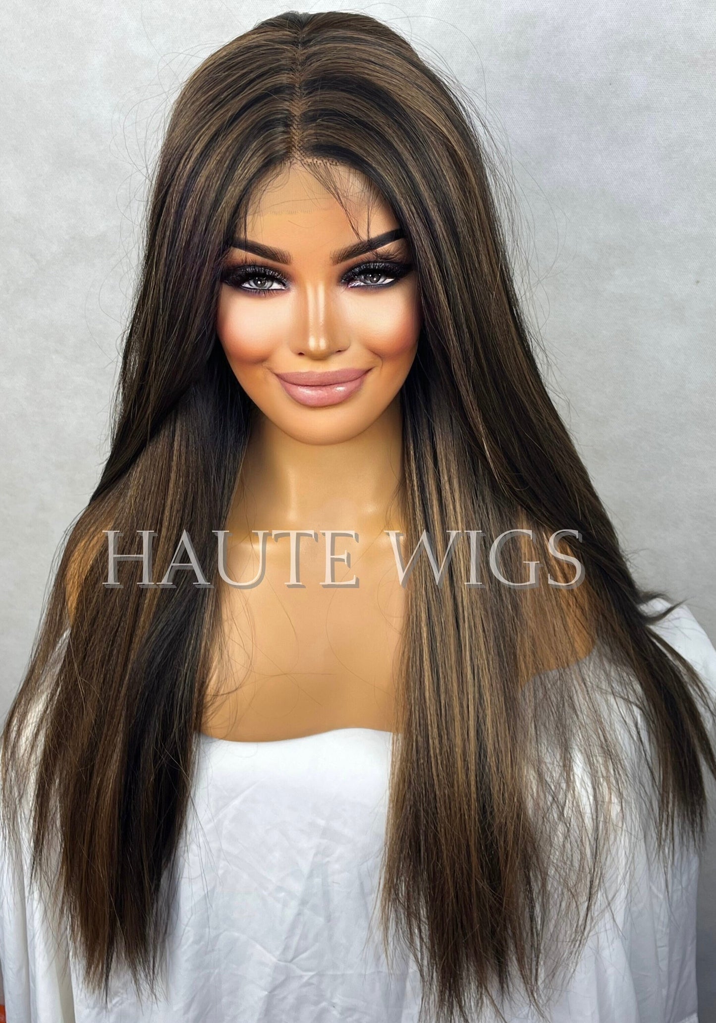 26 Inch BROWN Brunette Wig With Light Highlights Lowlights Streaks Long Straight Womens Wig Human Hair Blends Lace Front Realistic Amazing