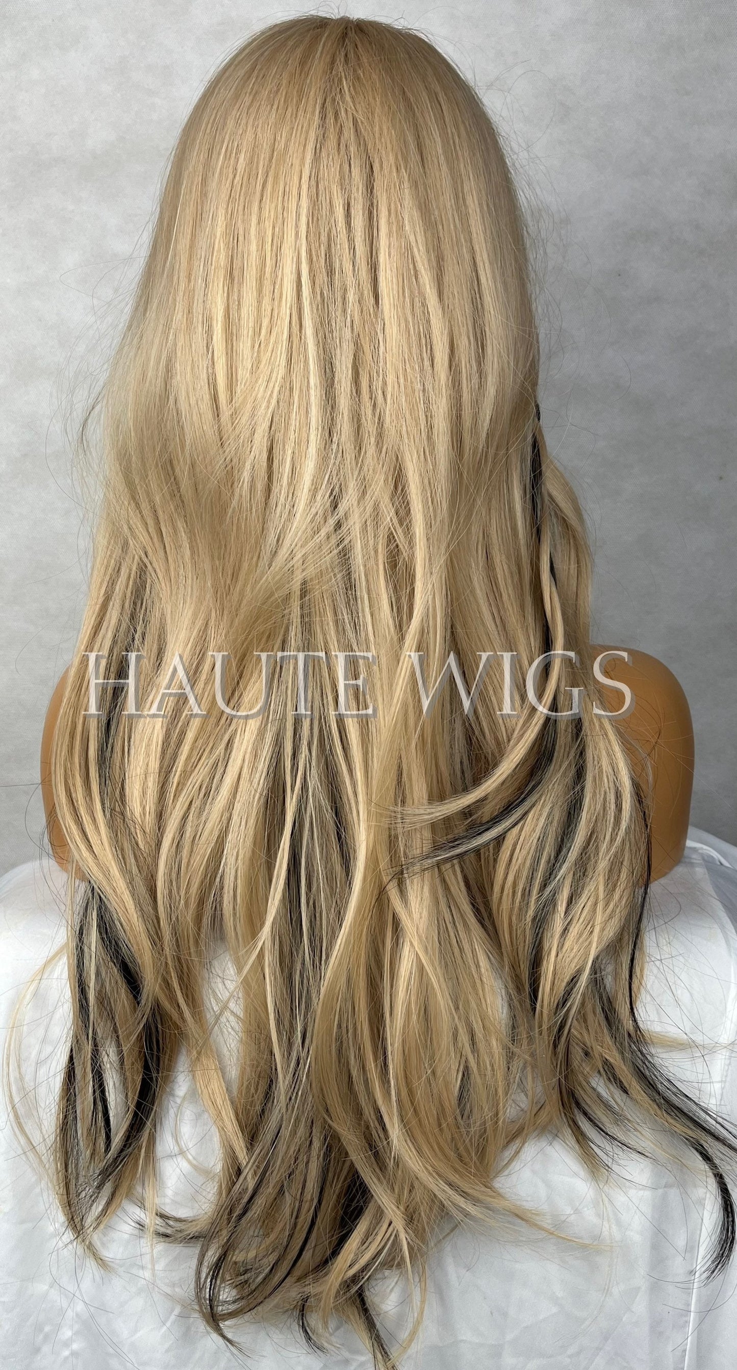 24 Inch Long Sexy Blonde Wig W. Black Highlights Lowlights Womens Hair Fringe Bangs Wavy Layered Christina Aguilera Dirrty inspired hair