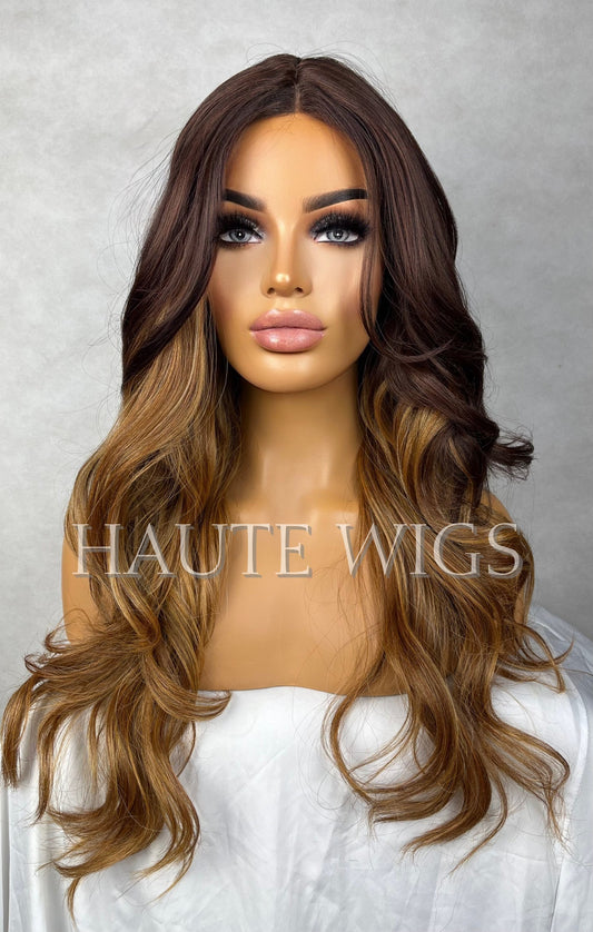 24 Inch Long Wig 3 tones dark Roots Dark Brown Ombre Blonde Highlights Streaks Balayage Straight No Lace Front Wavy Human Hair Blends Wigs