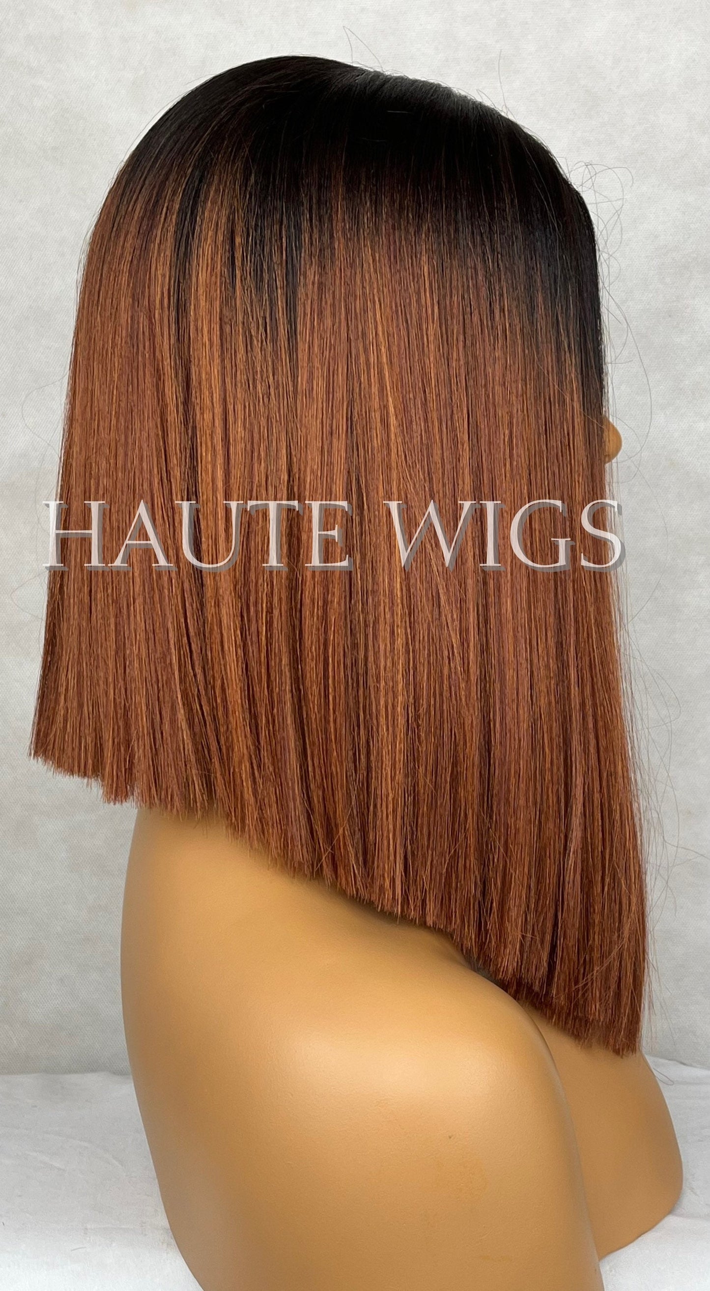 Auburn Golden Brown 14 Inch Bob Wig Ombre Ginger Straight Human Hair Center Parting NO Lace Front Womens Wig Eye Catching Short
