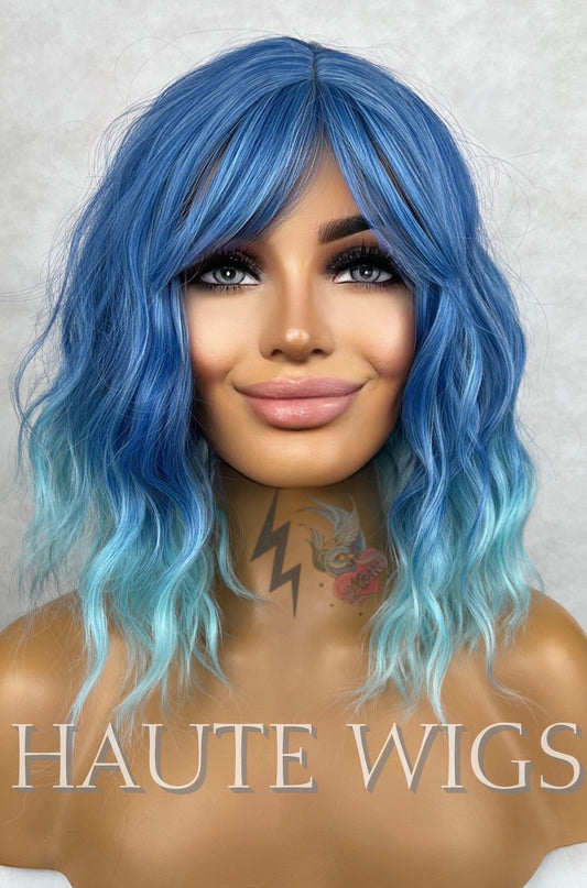 Orinoco 14 Inch Bright Sea Blue Ombre RARE Bangs Fringe Wig No Lace Front Long Wavy Curly Wigs Ladies Eye Catching