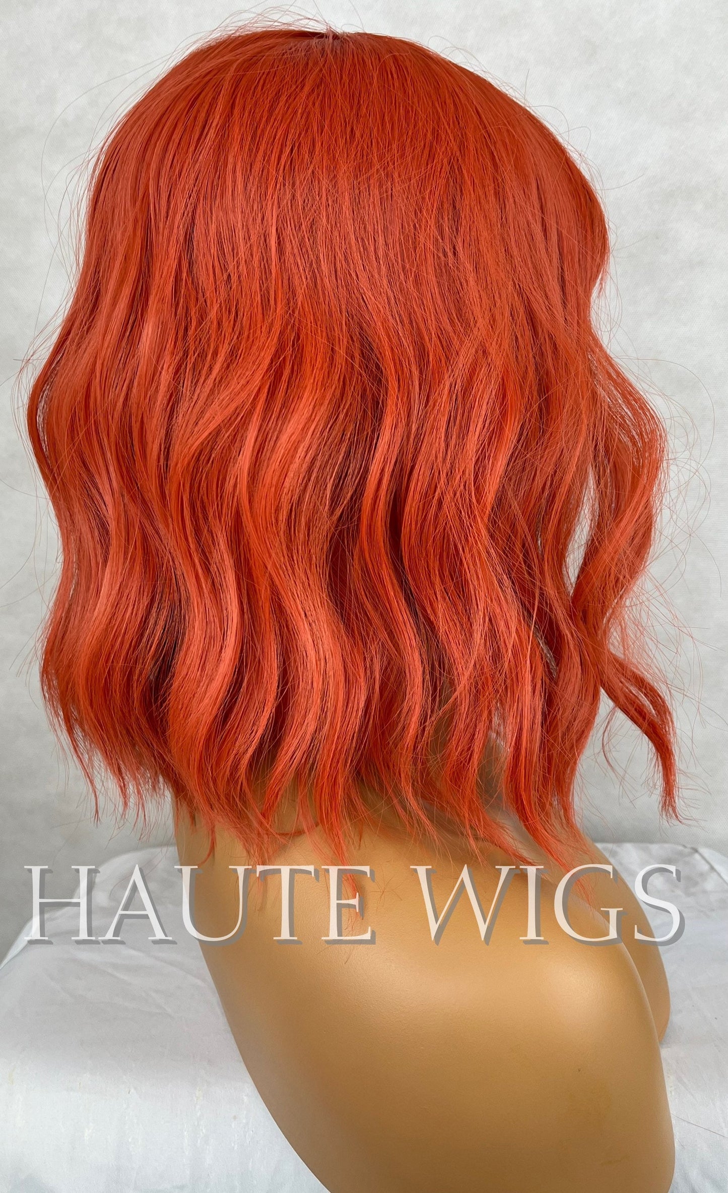Orange Rust Ginger 14 Inch Bright Wig RARE Bangs Fringe Wig No Lace Front Long Wavy Curly Wigs Ladies Eye Catching