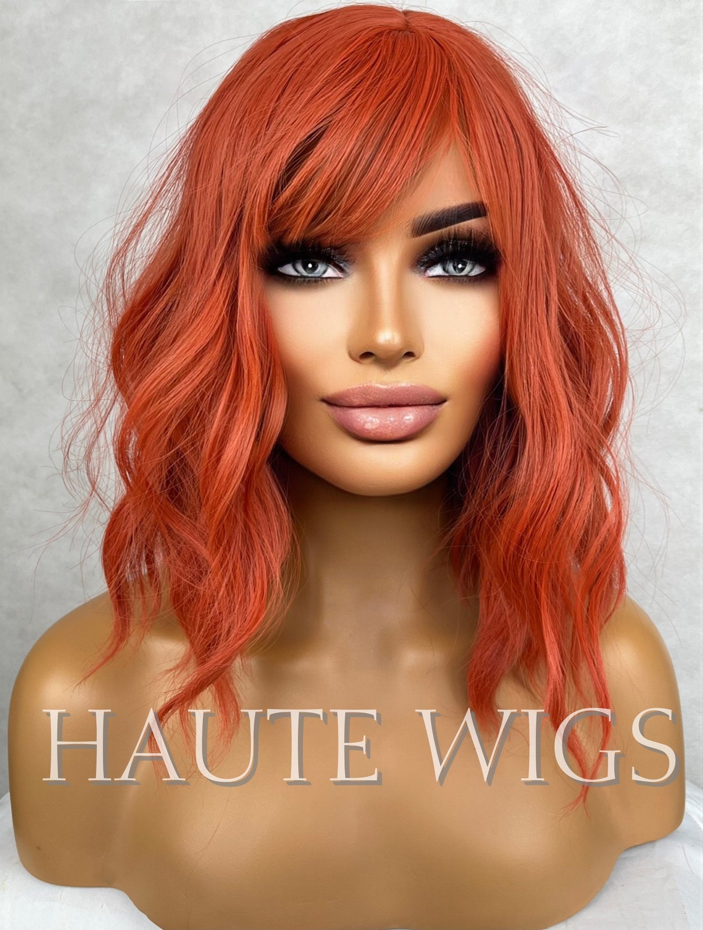Orange Rust Ginger 14 Inch Bright Wig RARE Bangs Fringe Wig No Lace Front Long Wavy Curly Wigs Ladies Eye Catching