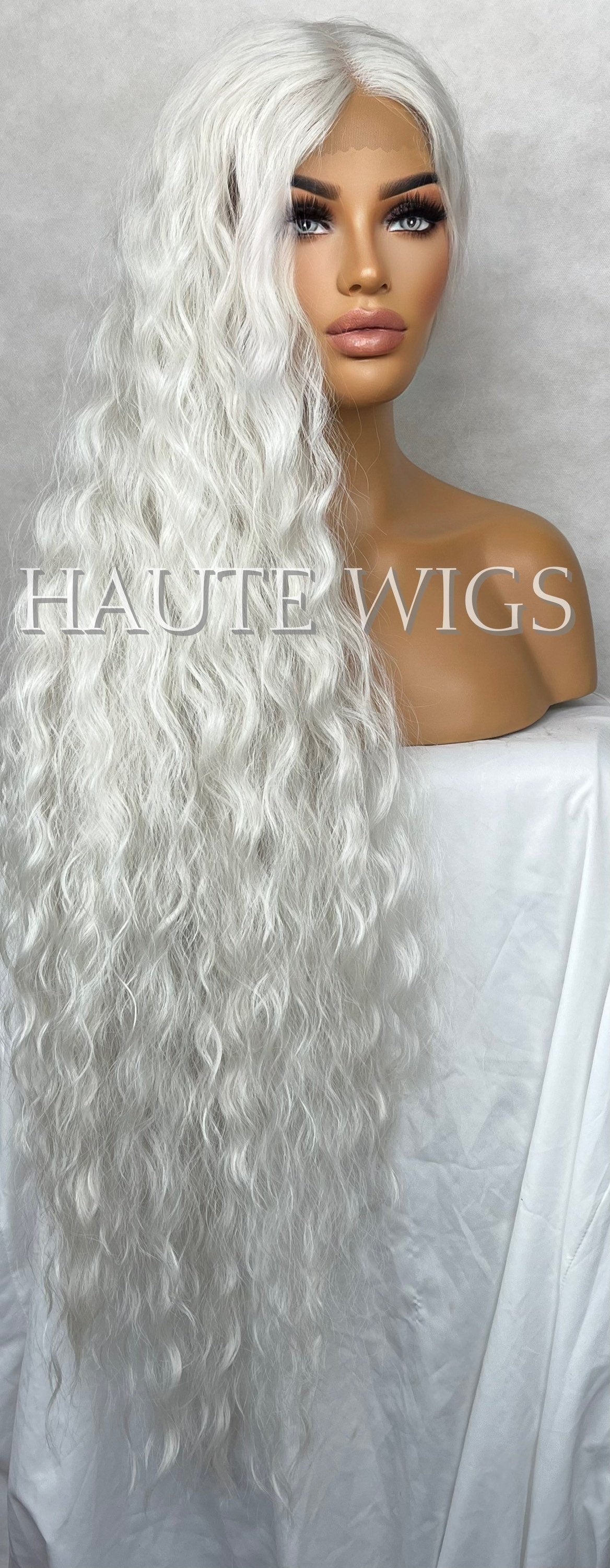 XXXL 42 inch Wavy Curly Long Wig Lace Front Center Part Ice Platinum Peroxide Blonde Human Hair Blends