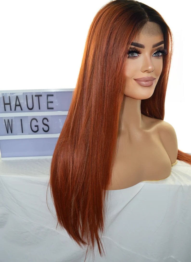 Copper Ginger Ombre Long 26 Inches Lace Front Human Hair Blends Womens Wig Ladies Deep Ginger Brown Baby Hairs Center Parting Straight