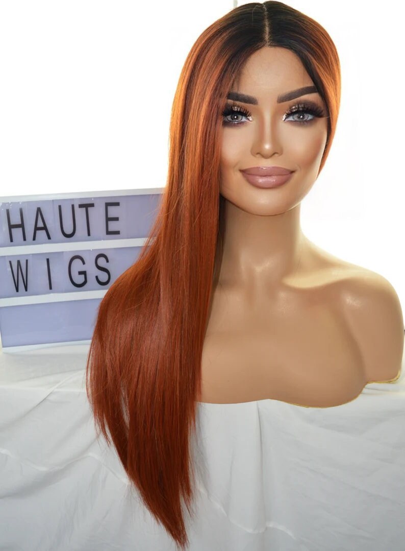 Copper Ginger Ombre Long 26 Inches Lace Front Human Hair Blends Womens Wig Ladies Deep Ginger Brown Baby Hairs Center Parting Straight