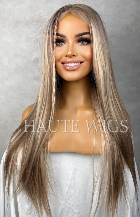 22 Inch Long Sexy Blonde Brown Wig Balayage Highlights Lowlights Womens Hair Lace Front Layered Christina Aguilera Dirrty inspired straight