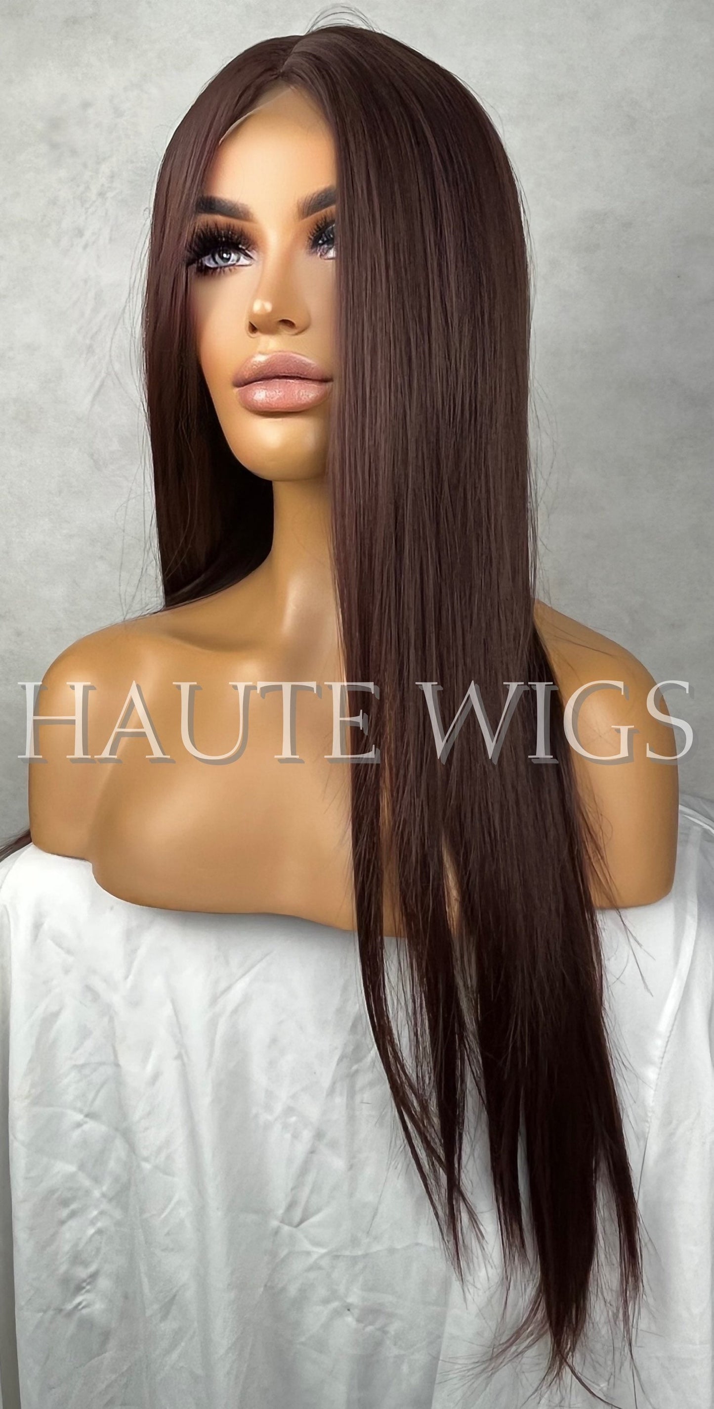 28 Inches Long Layered Red Toned Deep Chocolate Brown Brunette Wig Lace Front Hair Gift For Her Feels Like Human Hair