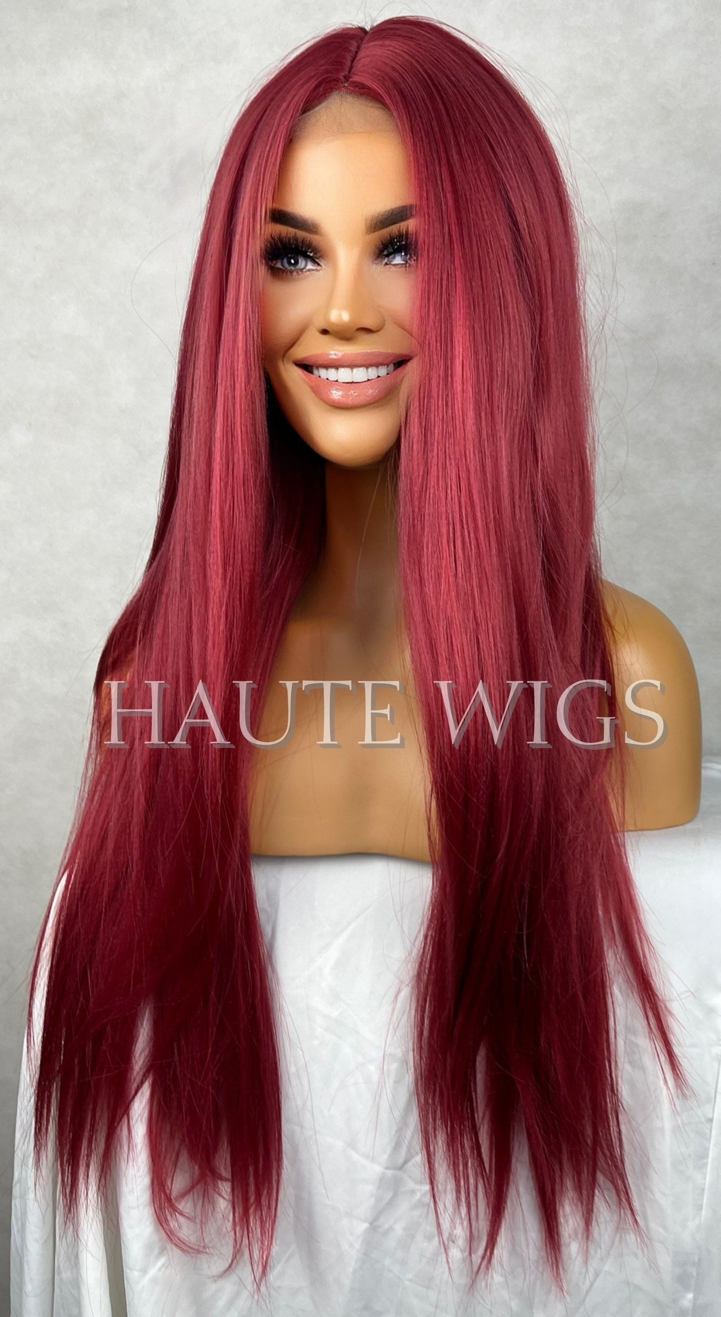 STUNNING Red Long 30 Inches Lace Front Womens Wig Ladies Gift for her Sexy Baby Hairs Center Parting Straight Wigs