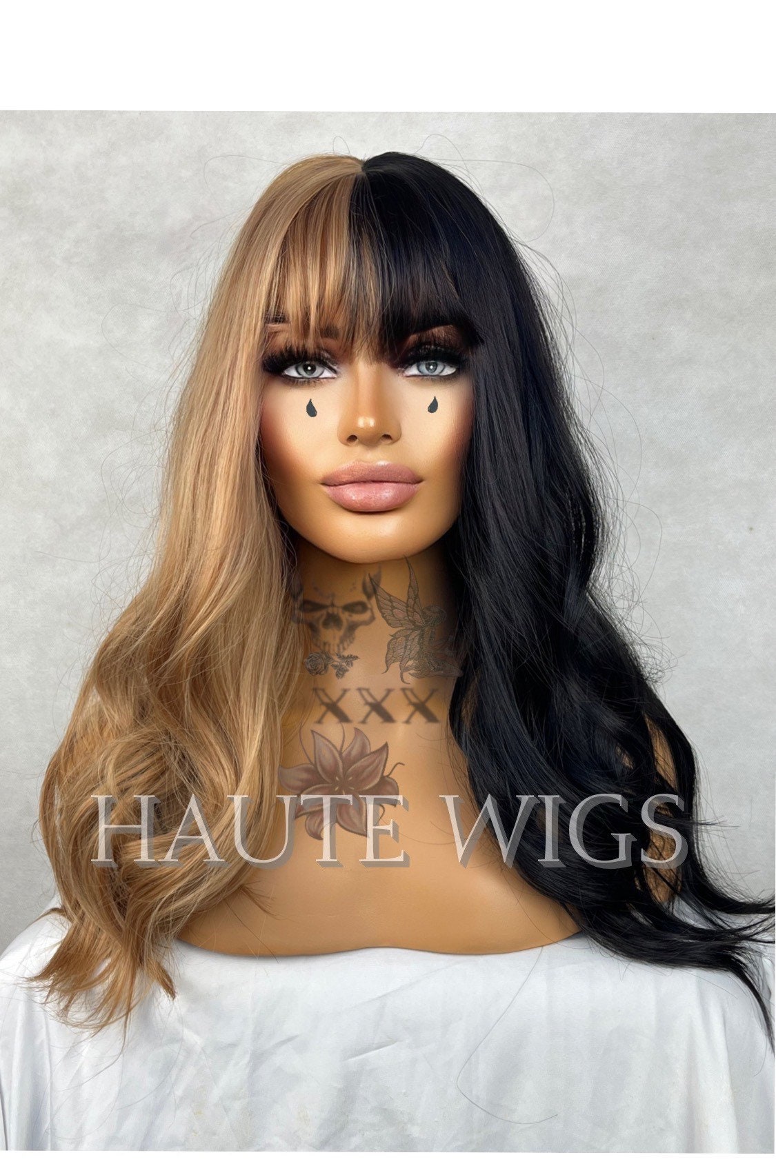 RockStaR 20 inch Half Black & Blonde Wig unisex Hair Fringe Bangs Wavy Eye Catching Gift Role Play or Everyday Haute wigs