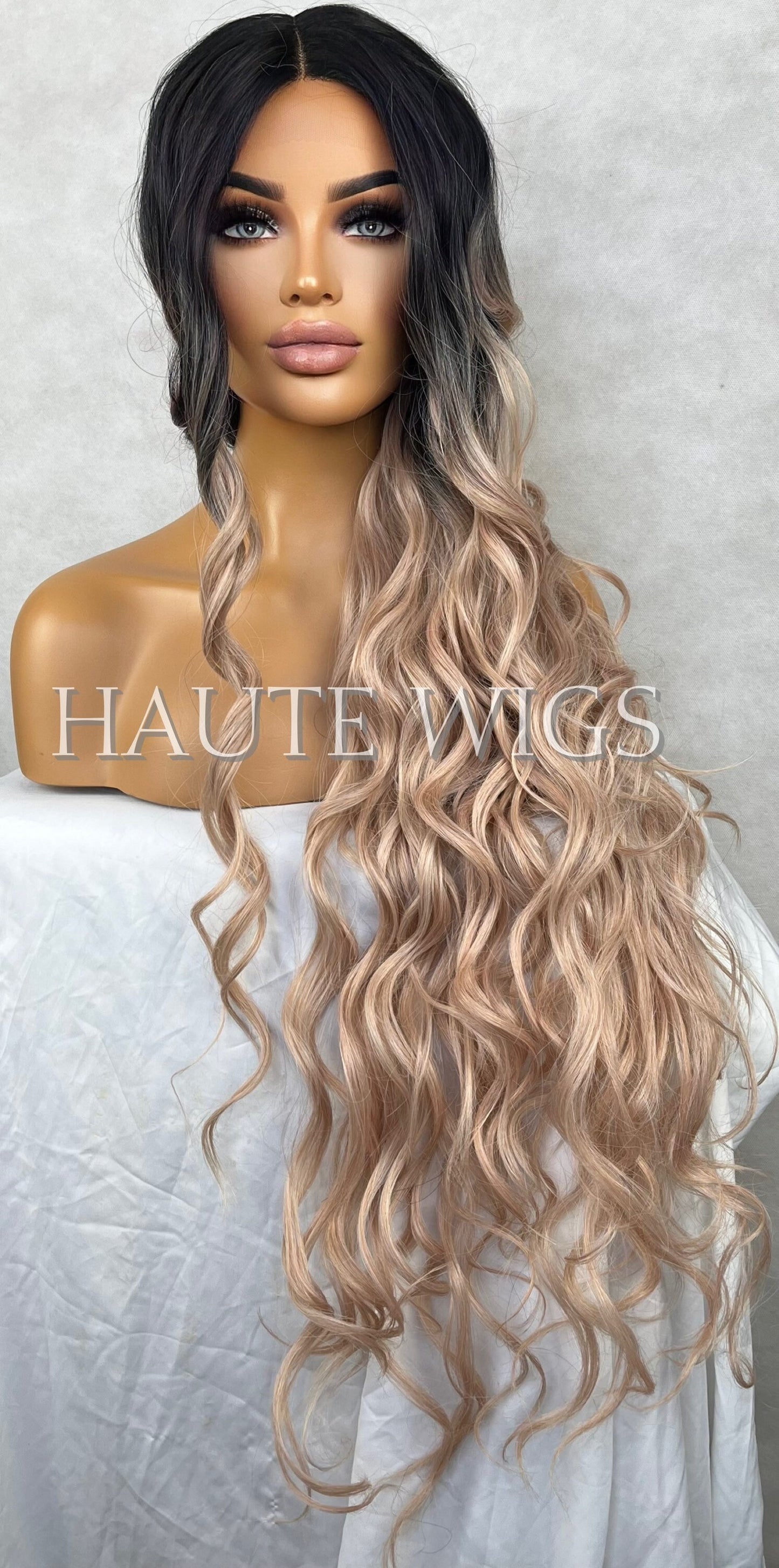 Rose Gold Light Pink Blonde Ombre Long 42 Inches Lace Front Human Hair Womens Wig Ladies Wavy Curly Luxury Baby Hairs Center Parting