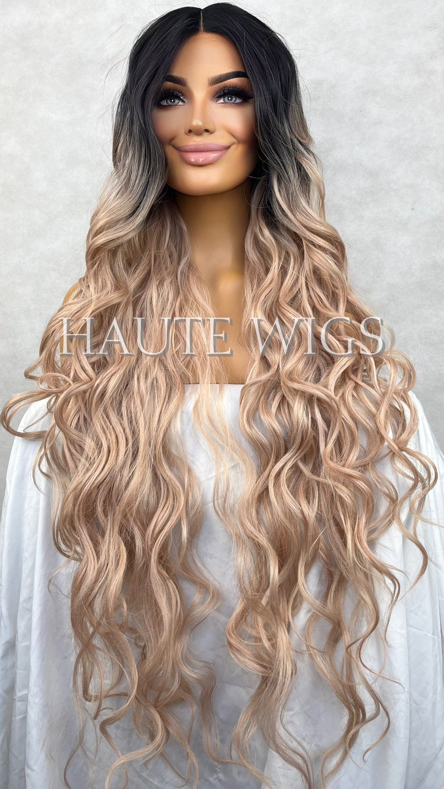 Rose Gold Light Pink Blonde Ombre Long 42 Inches Lace Front Human Hair Womens Wig Ladies Wavy Curly Luxury Baby Hairs Center Parting