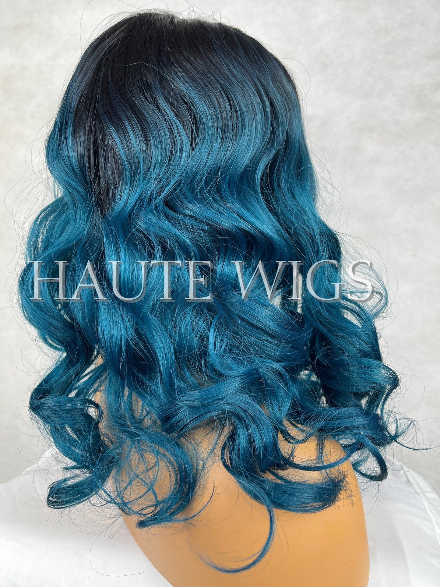 14 Inch Ombre Turquoise Teal Dark Sea Aqua Blue Green Wig Long Wavy Curly NO Lace Front Human Hair Blends Wig Dark Roots Ladies Womens Wigs