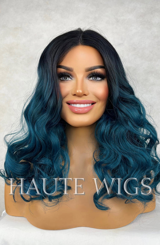 14 Inch Ombre Turquoise Teal Dark Sea Aqua Blue Green Wig Long Wavy Curly NO Lace Front Human Hair Blends Wig Dark Roots Ladies Womens Wigs