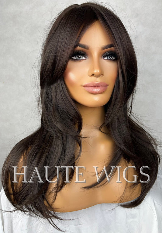 1996 - 90s Inspired Layered Hair Wig Dark warm Brown With Bangs / Fringe Straight No Lace Front Synthetic Wavy Hair Wigs Gift for her